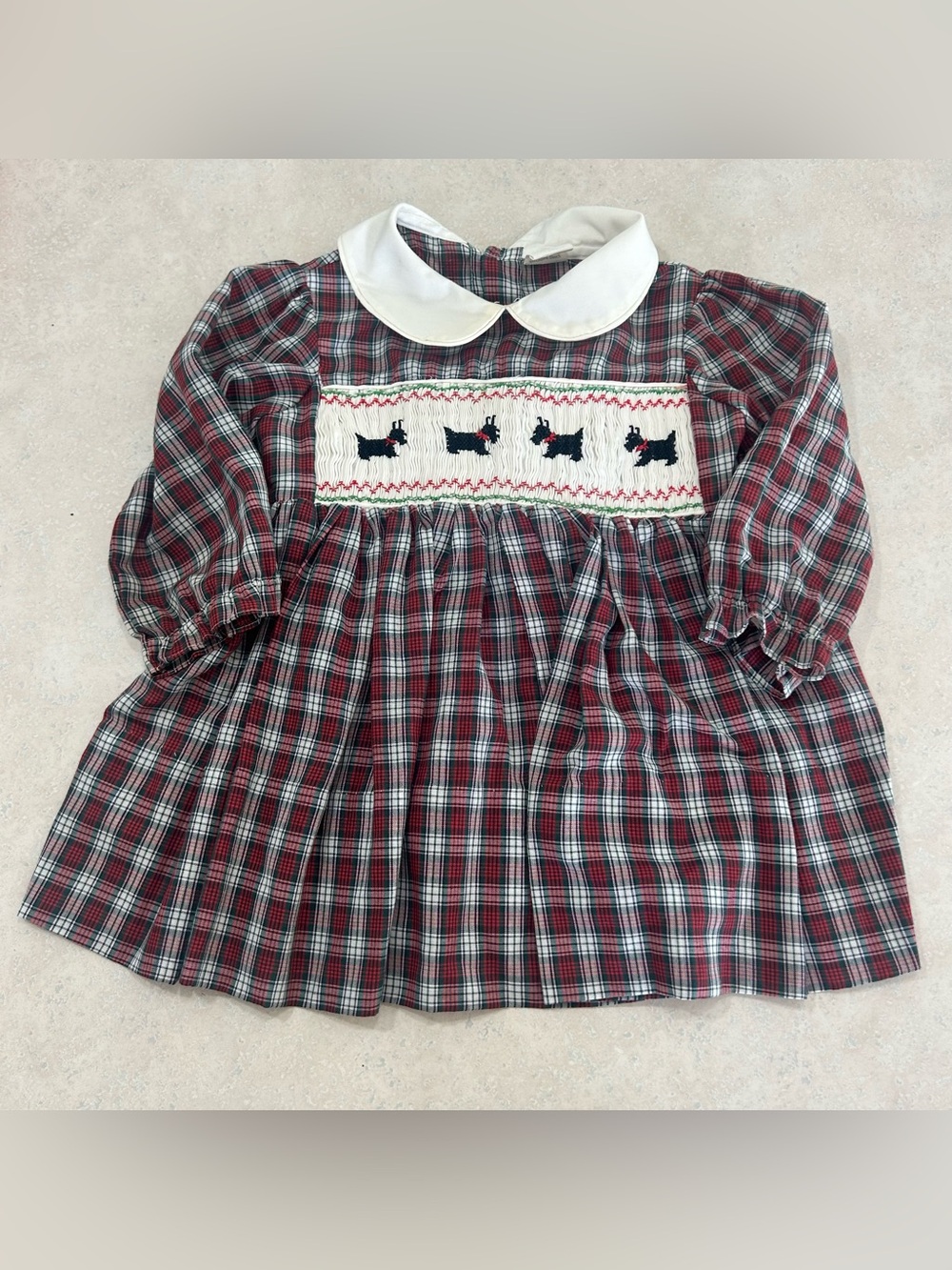 Girls' Plaid Smocked Dress with Peter Pan Collar - Red